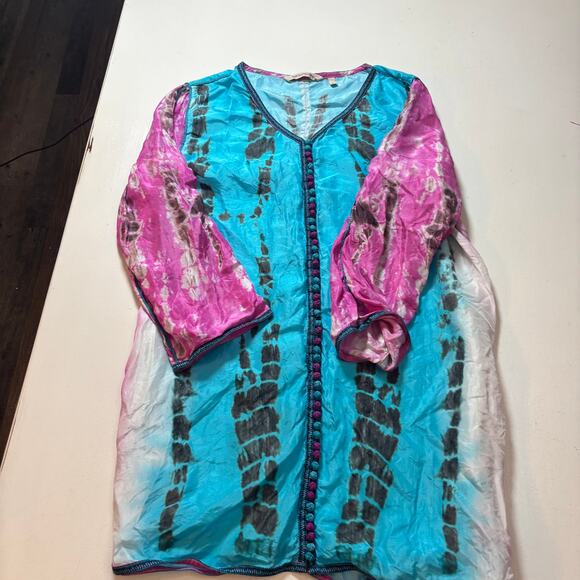 Soft Surroundings CURACAO 100% SILK Tunic Top size L BOHO Turquoise pink Resort - Picture 9 of 10